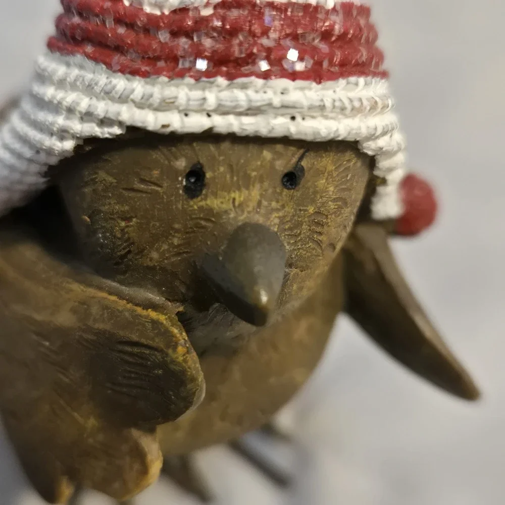 Christmas Bird Figurine Red White Winter Hat Pom Pom Rustic Holiday Decor 4